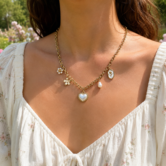 Collier doré à charms cœur perlé et fleurs