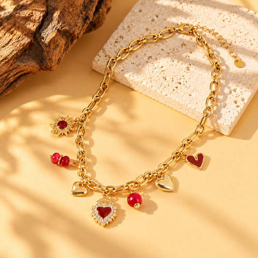Collier Cœurs Ex-Voto & Perles Rouges – 5th Élément